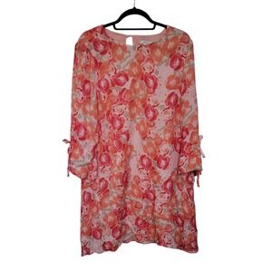 Tyler Boe Pink Orange Floral 100% Silk Shift Dress Tie Sleeve Size L